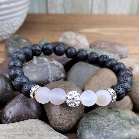 Jewelry - Marine Agate, Lava Stone and Rhinestone Ball beaded Stretch Bracelet